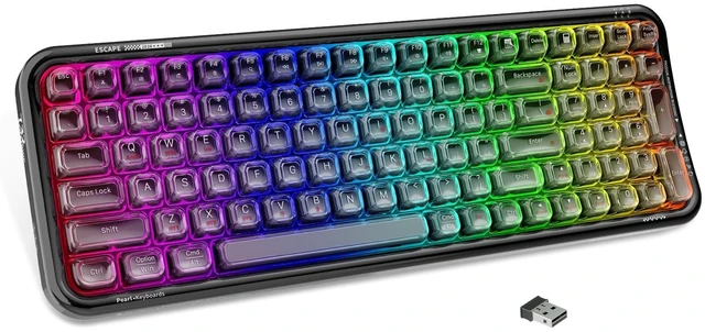 Main image of FOPETT Wireless Computer Keyboard with RGB Backlit, Tri-Mode Bluetooth 5.0/USB-C/2.4GHz Ergonomic Gaming Keyboard - Full-Size Rechargeable Transparent Keycap for Laptop/Windows/PC - Black