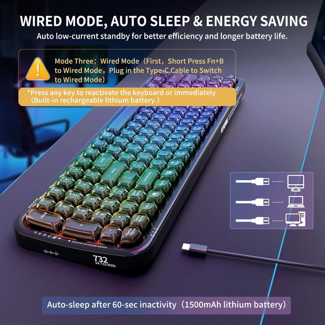Alt view image 4 of 5 - FOPETT Wireless Computer Keyboard with RGB Backlit, Tri-Mode Bluetooth 5.0/USB-C/2.4GHz Ergonomic Gaming Keyboard - Full-Size Rechargeable Transparent Keycap for Laptop/Windows/PC - Black