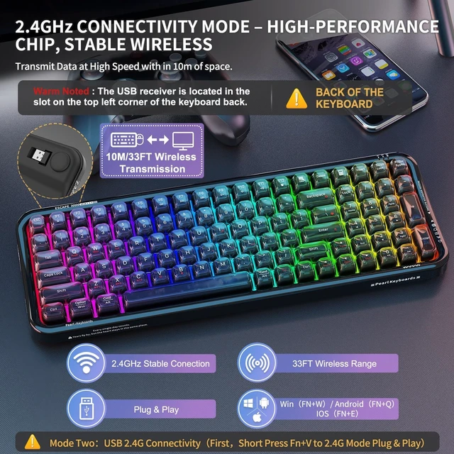 Alt view image 3 of 5 - FOPETT Wireless Computer Keyboard with RGB Backlit, Tri-Mode Bluetooth 5.0/USB-C/2.4GHz Ergonomic Gaming Keyboard - Full-Size Rechargeable Transparent Keycap for Laptop/Windows/PC - Black