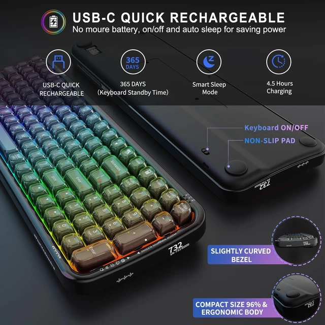 Alt view image 5 of 5 - FOPETT Wireless Computer Keyboard with RGB Backlit, Tri-Mode Bluetooth 5.0/USB-C/2.4GHz Ergonomic Gaming Keyboard - Full-Size Rechargeable Transparent Keycap for Laptop/Windows/PC - Black