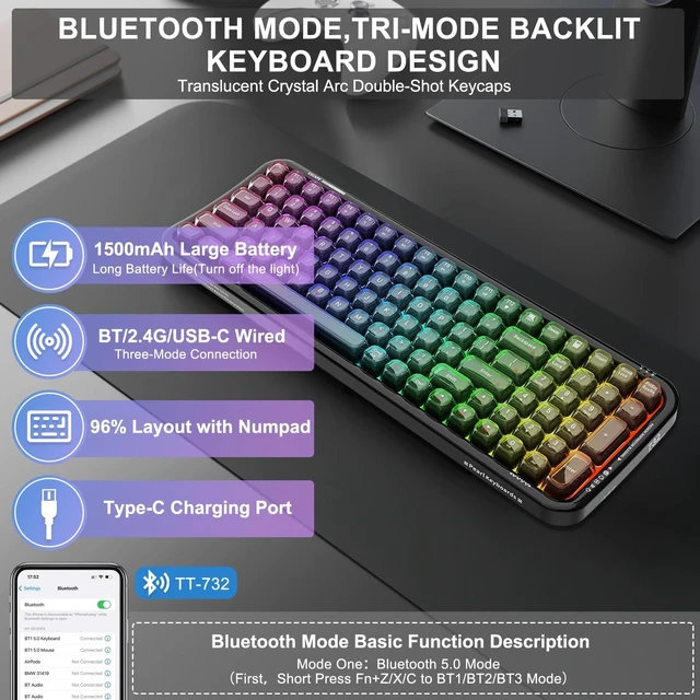 Alt view image 2 of 5 - FOPETT Wireless Computer Keyboard with RGB Backlit, Tri-Mode Bluetooth 5.0/USB-C/2.4GHz Ergonomic Gaming Keyboard - Full-Size Rechargeable Transparent Keycap for Laptop/Windows/PC - Black