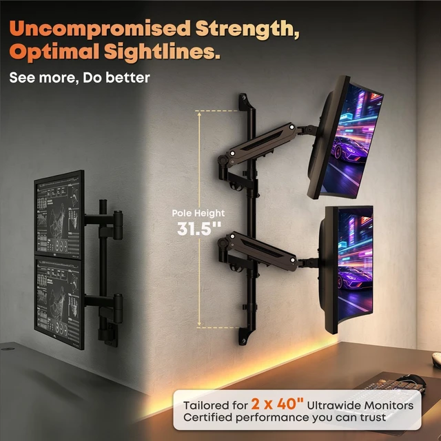 Alt view image 3 of 5 - 17-40" Dual Monitor Wall Mount, Gas Spring Arms Hold 26.4 lbs Each, Black