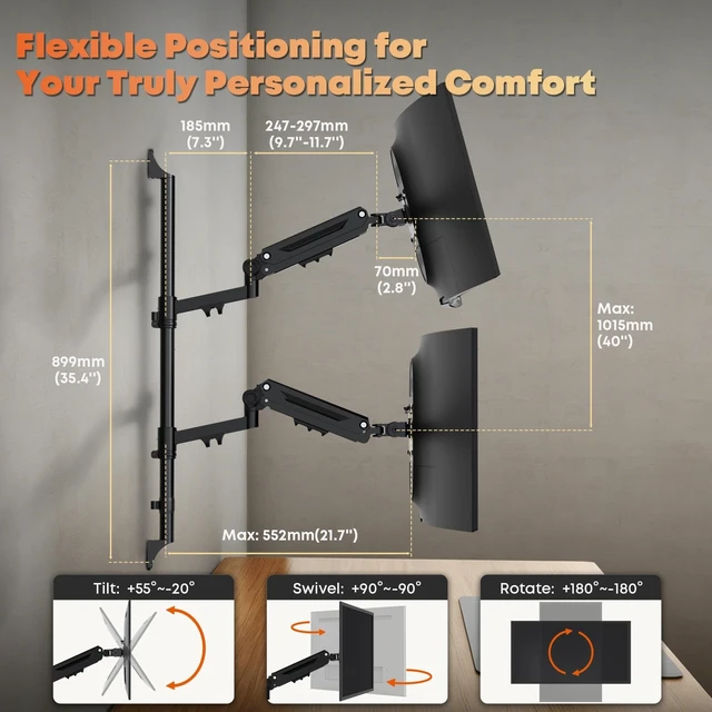 Alt view image 5 of 5 - 17-40" Dual Monitor Wall Mount, Gas Spring Arms Hold 26.4 lbs Each, Black
