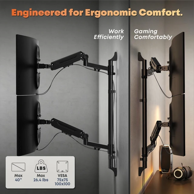 Alt view image 2 of 5 - 17-40" Dual Monitor Wall Mount, Gas Spring Arms Hold 26.4 lbs Each, Black