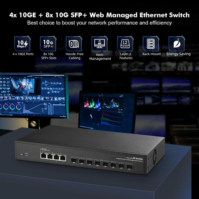 Alt view image 2 of 5 - MokerLink 12 Port 10Gbps Managed Switch, 4x10G RJ45 Ethernet Ports, 8x10G SFP+ Slot Support 1G and 10G SFP+ Module, 240Gbps Bandwidth L2 Managed Fiber Switch