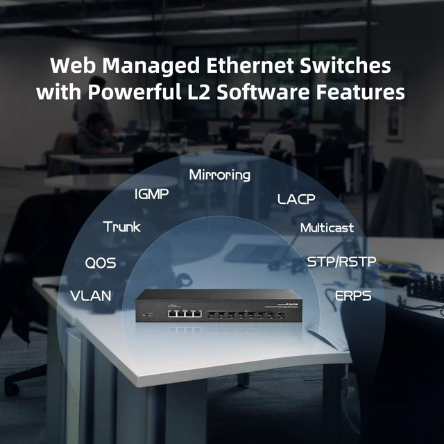 Alt view image 5 of 5 - MokerLink 12 Port 10Gbps Managed Switch, 4x10G RJ45 Ethernet Ports, 8x10G SFP+ Slot Support 1G and 10G SFP+ Module, 240Gbps Bandwidth L2 Managed Fiber Switch