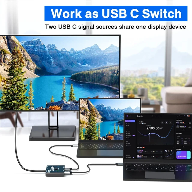 Alt view image 2 of 5 - USB C Switch 2 in 1 Out USB C Switcher Selector for 2 Laptops Share 1 USB Device, 4K@60Hz/10Gbps Data Transfer and 100W PD Charging, Wired Control and 2 UBS C Cables