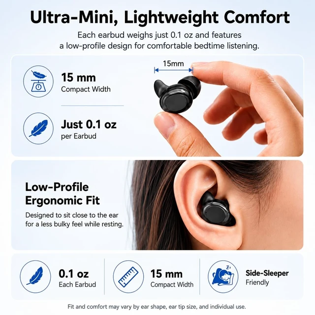 Alt view image 5 of 5 - NVXMANIYK Wireless Sleep Earbuds, Mini Bluetooth Earbuds for Small Ears and Side Sleepers, Soft Ear Wing Low Profile in Ear Headphones, Lightweight Comfortable Earbuds for Sleeping Travel Work