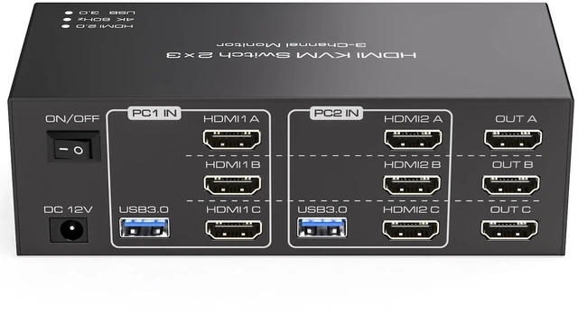 Main image of HDMI KVM Switch 3 Monitors 2 Computers 4K@60Hz KVM Switches with 4 USB 3.0 Ports for 2 Computers Sharing Triple Monitor and 4 USB Devices Support Extended & Copy Mode with 2 USB Cables