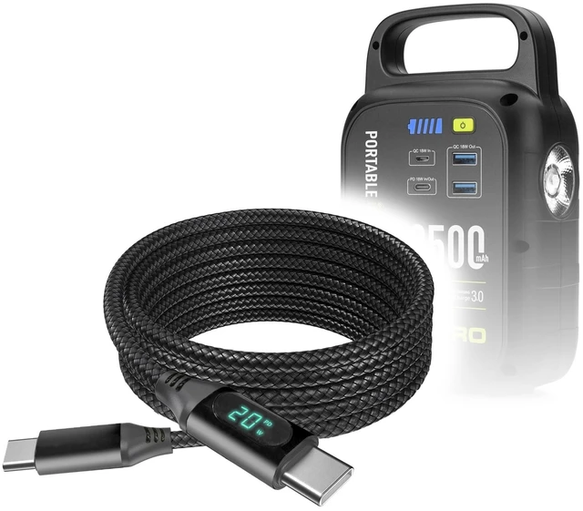 Main image of BoxWave Cable Compatible with Marbero Power Station M60 - PowerDisplay PD Cable (6ft) - USB-C to USB-C (100W), LED Wattage Info Extra Long Braided Nylon - Jet Black