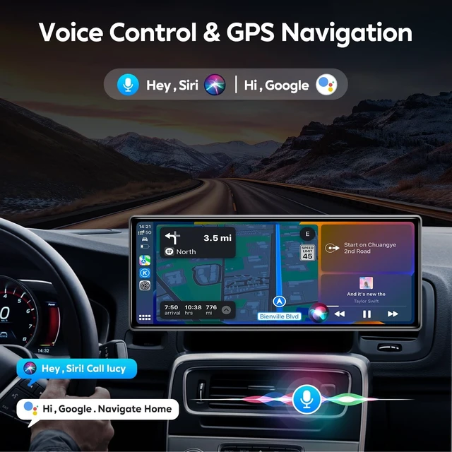 Alt view image 3 of 5 - JATAZA 10.26" Wireless Apple Carplay Screen for Car, Secure Strong Bracket, Portable Apple CarPlay& Android Auto Car Stereo with GPS Navigation, Bluetooth, Mirror Link, Voice Control,Fits All V