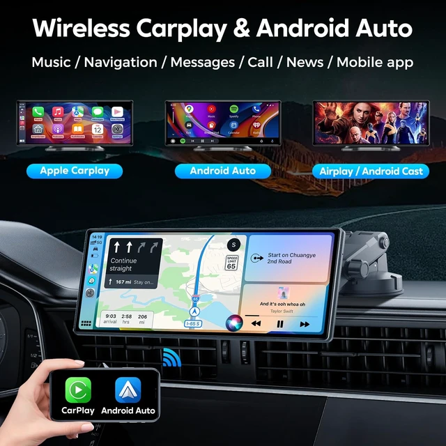 Alt view image 2 of 5 - JATAZA 10.26" Wireless Apple Carplay Screen for Car, Secure Strong Bracket, Portable Apple CarPlay& Android Auto Car Stereo with GPS Navigation, Bluetooth, Mirror Link, Voice Control,Fits All V