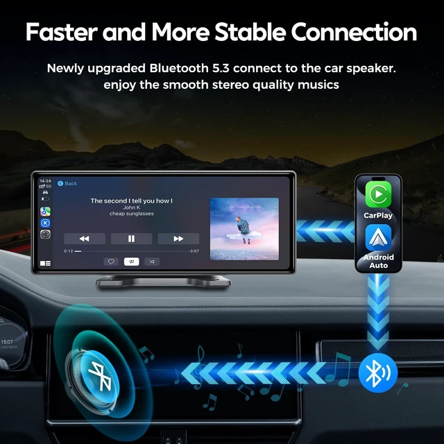 Alt view image 5 of 5 - JATAZA 10.26" Wireless Apple Carplay Screen for Car, Secure Strong Bracket, Portable Apple CarPlay& Android Auto Car Stereo with GPS Navigation, Bluetooth, Mirror Link, Voice Control,Fits All V