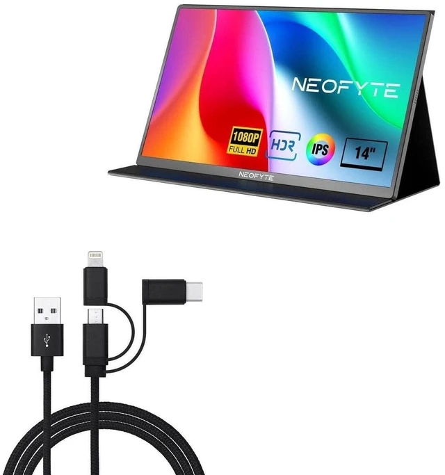 Main image of BoxWave Cable Compatible with NEOFYTE Portable Monitor for Laptop T14P (14 in) - AllCharge 3-in-1 Cable - Jet Black