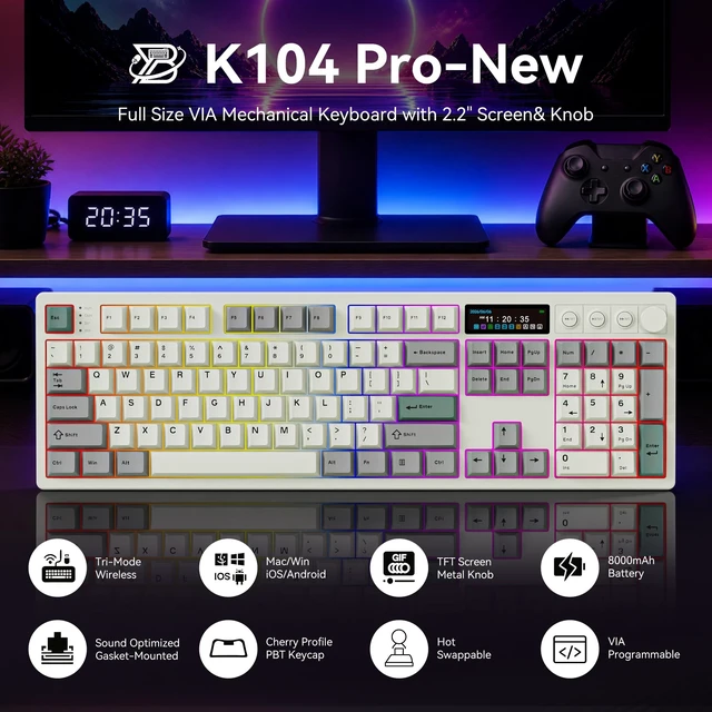 Alt view image 2 of 5 - BOYI K104Pro Mechanical Keyboard with 2.2" Screen&Media Knob,QMK/VIA Custom BT5.0/2.4GHz/Type-C Gasket Mounted Hot Swap RGB Full Size Creamy Wireless Keyboard NKRO Gaming Keyboard for PC/Mac(Re
