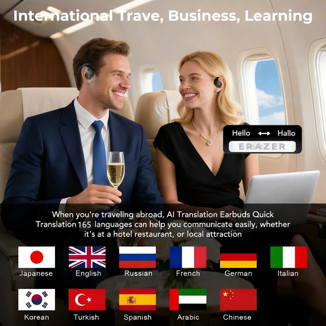 Alt view image 3 of 5 - QYGCKJ ERAZER X8 Translator Earbuds Real-time AI Language Translation Earbuds for 165 Languages, Two-Way Translation Device for iOS and Android, Travel, Business, and Learning Purple