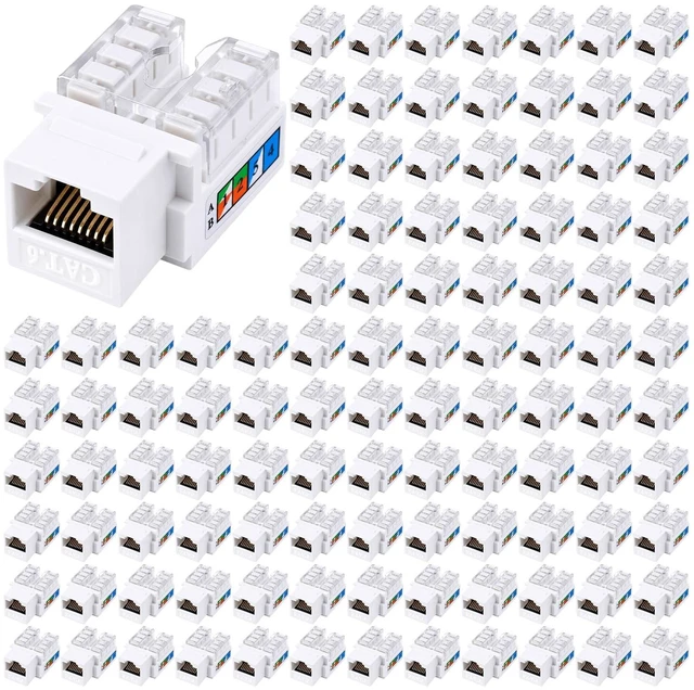 Main image of Tellegloww 120 Pack Cat6 Rj45 Keystone Jacks Bulk 90 Degree Punch Down Keystone Jack Ethernet Modular Connectors for Patch Panel and Wall Plate, White