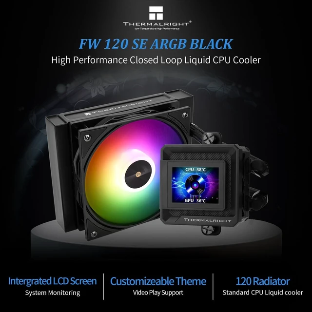Alt view image 2 of 5 - TR Thermalright FW SE 120 ARGB Black AIO Water Cooler, Liquid CPU Cooler, 2 LCD Screen-320x240 Resolution, 2000RPM High Speed,Compatible with AMD/AM4/AM5 & Intel lga1150/1151/1200/170