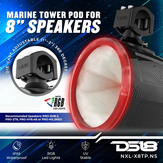 Alt view image 2 of 5 - DS18 Marine and Powersports Empty Tower Speaker Pod with LED RGB Lights & Grill - Fits 8" Speaker - White - Speaker not Included - Great for Boats, Jeeps, ATV, UTV, Powersports, Golf Car, All elements