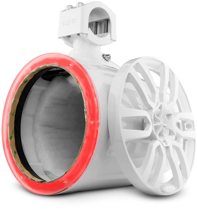 Main image of DS18 Marine and Powersports Empty Tower Speaker Pod with LED RGB Lights & Grill - Fits 8" Speaker - White - Speaker not Included - Great for Boats, Jeeps, ATV, UTV, Powersports, Golf Car, All elements