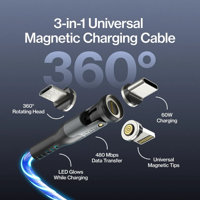 Alt view image 2 of 5 - Statik 360 Pro Magnetic Charging Cable, USB-C Micro-USB iProduct Tips 100W