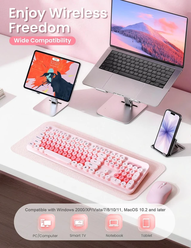 Alt view image 2 of 5 - Nsyee Wireless Keyboard and Mouse Combo, 104 Round Keys Colorful Full Size Keyboard and Mouse with 2.4GHz USB Receiver for PC/Laptop/Tablet/Computer/Windows, Pink