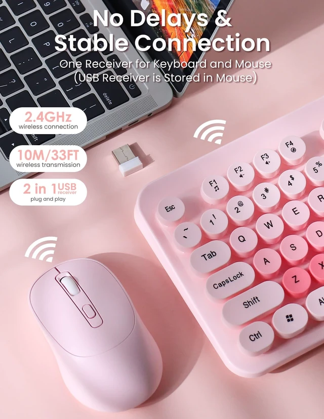 Alt view image 3 of 5 - Nsyee Wireless Keyboard and Mouse Combo, 104 Round Keys Colorful Full Size Keyboard and Mouse with 2.4GHz USB Receiver for PC/Laptop/Tablet/Computer/Windows, Pink