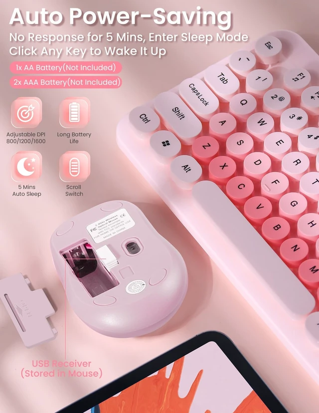 Alt view image 4 of 5 - Nsyee Wireless Keyboard and Mouse Combo, 104 Round Keys Colorful Full Size Keyboard and Mouse with 2.4GHz USB Receiver for PC/Laptop/Tablet/Computer/Windows, Pink