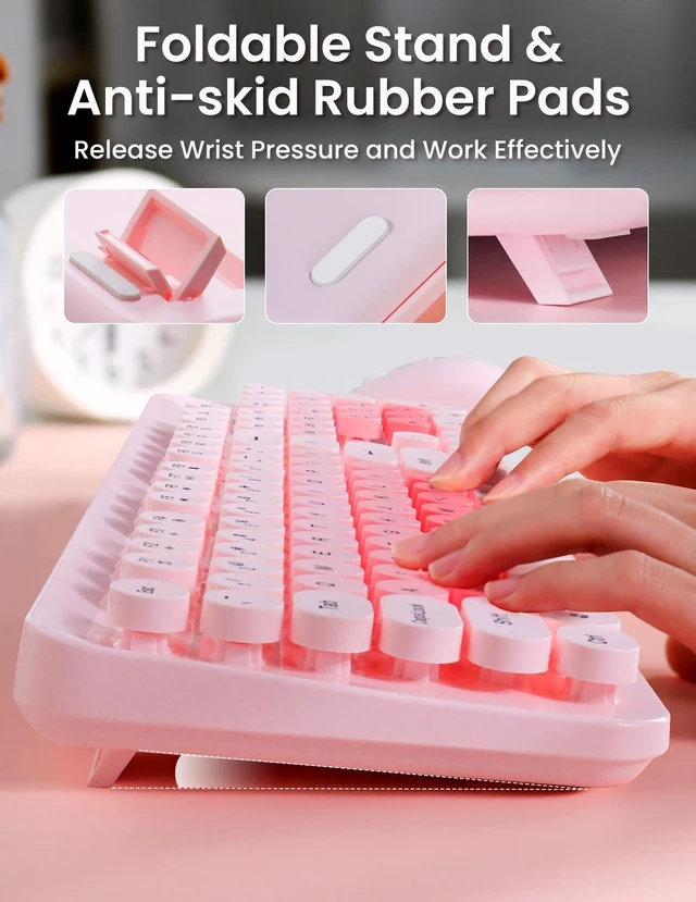 Alt view image 5 of 5 - Nsyee Wireless Keyboard and Mouse Combo, 104 Round Keys Colorful Full Size Keyboard and Mouse with 2.4GHz USB Receiver for PC/Laptop/Tablet/Computer/Windows, Pink