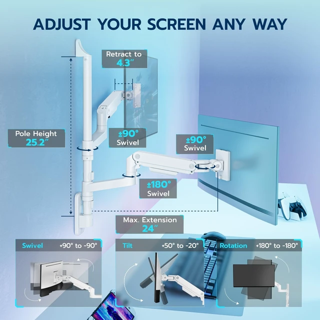 Alt view image 5 of 5 - ARES WING Dual Monitor Wall Mount for 17-49 Inch Ultrawide Screens, White