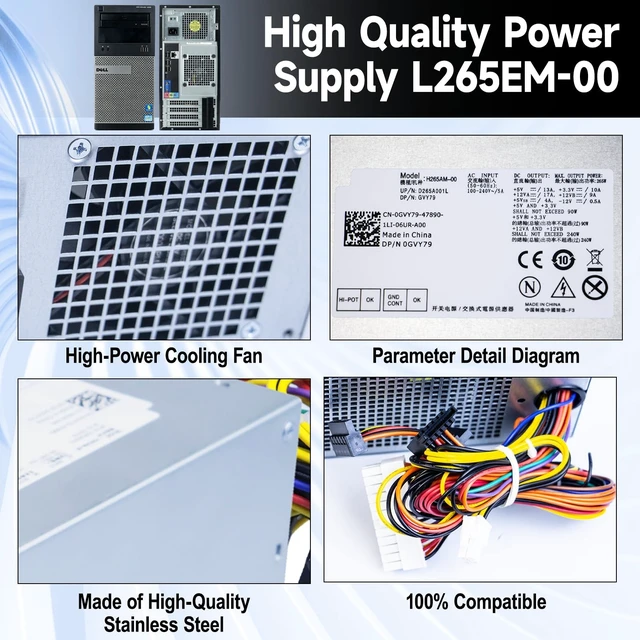 Alt view image 5 of 5 - LXun Upgraded L265EM-00 265W Power Supply Compatible with Dell Optiplex 390 3010 790 990 MT Mini Tower, YC7TR 9D9T1 GVY79 053N4 D3D1 F265EM-00 AC265AM-00 H265AM-00 L265AM-00 Power Supply Replacemen