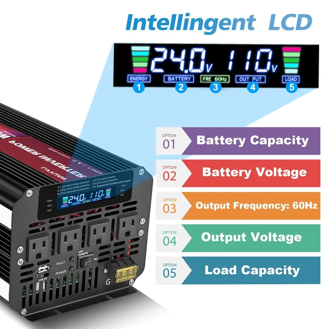 Alt view image 3 of 5 - LVYUAN 5000 Watt Power Inverter 24V to 110V 120V for Vehicle, Solar Inverter System, Heavy Duty, RV, Truck, Off Grid,Camping with 4 AC Outlets, LCD Display, Wireless Remote Control, Car Power I