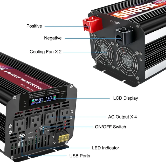 Alt view image 2 of 5 - LVYUAN 5000 Watt Power Inverter 24V to 110V 120V for Vehicle, Solar Inverter System, Heavy Duty, RV, Truck, Off Grid,Camping with 4 AC Outlets, LCD Display, Wireless Remote Control, Car Power I