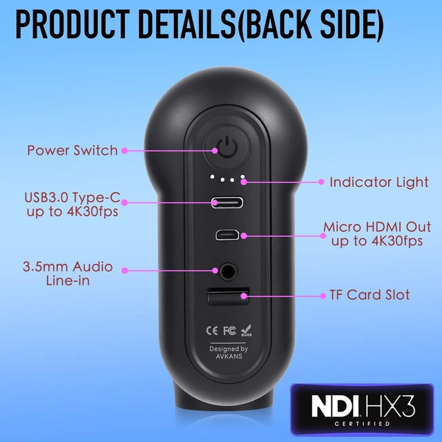 Alt view image 3 of 5 - AVKANS Go Wireless Live Streaming Camera 4K with NDI HX3 HDMI USB Outputs, Wide-Angle Gamechanger Webcam with SD Card Video Recording for Church, Baseball, Softball, Volleyball...
