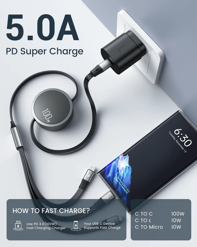 Alt view image 3 of 5 - CAFELE 2025 Upgraded 100W Multi Charging Cable, Retractable USB C 3 in 1 Charging Cable with Type C/L/Micro, 5A Fast Charger Cord for Phone 16 15 14, Galaxy S23/S24/S25, MBook, Pad, Multiple Devices