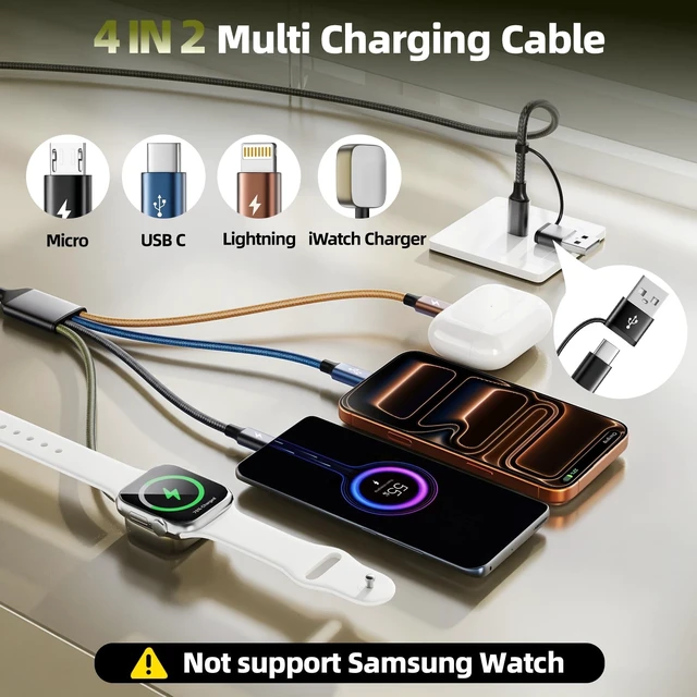Alt view image 2 of 5 - Travel Essentials 4in2 Multi Charging Cable for iPhone Watch Charger,2PK6FT