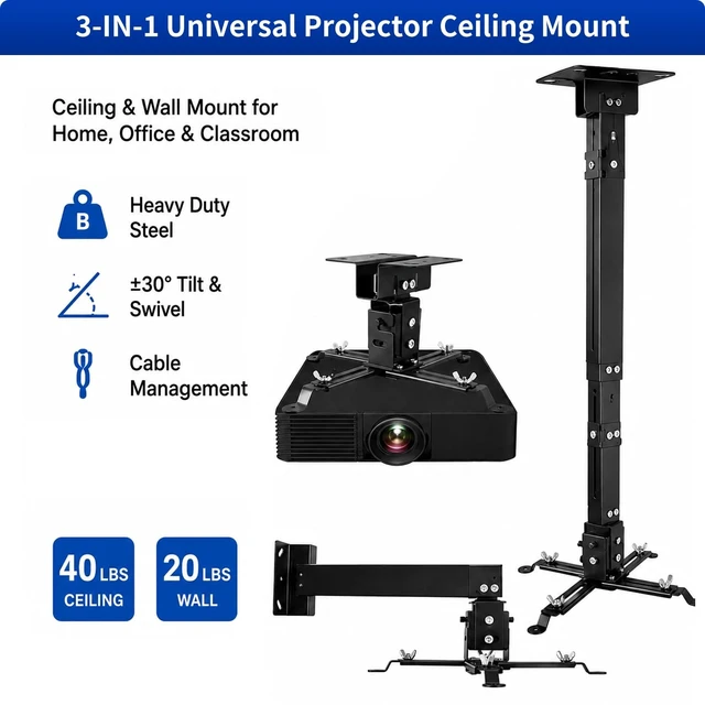 Alt view image 2 of 5 - HOIN Universal Projector Ceiling Mount,Adjustable Projector Mount,3-in-1
