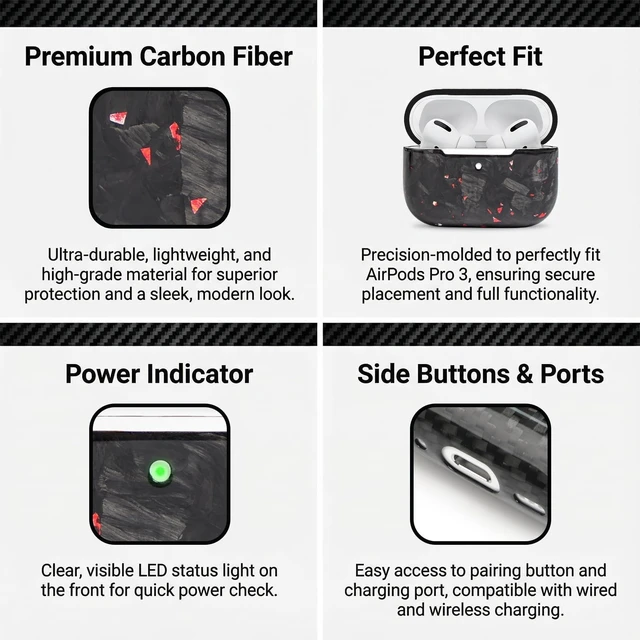 Alt view image 5 of 5 - MOLOVA Carbon Fiber Material Design Protective Cover for AirPods Pro 3 Case, Shockproof Hard Shell for AirPod Pro 3 Case, Stylish and Durable Cover for Men/Wome USB-C Cable,Red foil
