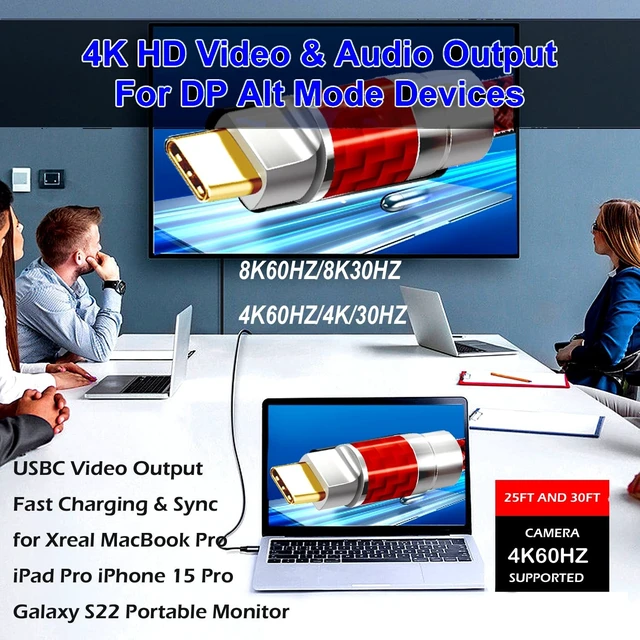 Alt view image 4 of 5 - YOTETION Type C to C 15FT Cable, 4K60HZ GEN2x2(Data usb2.0),Type C Video Output from USB3.2/ USB4.0& Sync for Xreal MacBook Pro iPad Pro iPhone 15/16/17 Pro Galaxy S22 Portable Monitor (Red)
