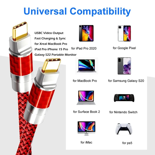 Alt view image 3 of 5 - YOTETION Type C to C 15FT Cable, 4K60HZ GEN2x2(Data usb2.0),Type C Video Output from USB3.2/ USB4.0& Sync for Xreal MacBook Pro iPad Pro iPhone 15/16/17 Pro Galaxy S22 Portable Monitor (Red)
