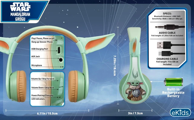Alt view image 4 of 5 - eKids The Mandalorian and Grogu Bluetooth Headphones, Wireless Headphones with Microphone Includes Aux Cord, Designed for School, Home, or Travel