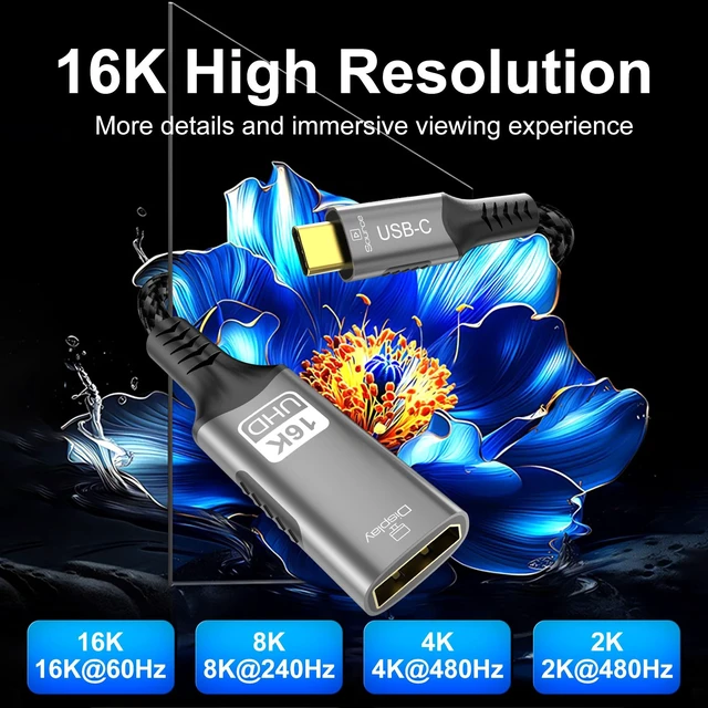 Alt view image 4 of 5 - USB C to DisplayPort 2.1 Adapter Cable16K@60Hz 8K@120Hz 48-bit Color Depth 80Gbps Thunderbolt 5/4 to Display Port Compatible with iPhone 17 ProMax, MacBook Pro/Air/Mini, iPad, Gaming Monitor