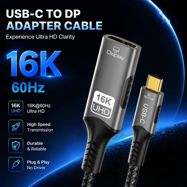 Alt view image 3 of 5 - USB C to DisplayPort 2.1 Adapter Cable16K@60Hz 8K@120Hz 48-bit Color Depth 80Gbps Thunderbolt 5/4 to Display Port Compatible with iPhone 17 ProMax, MacBook Pro/Air/Mini, iPad, Gaming Monitor