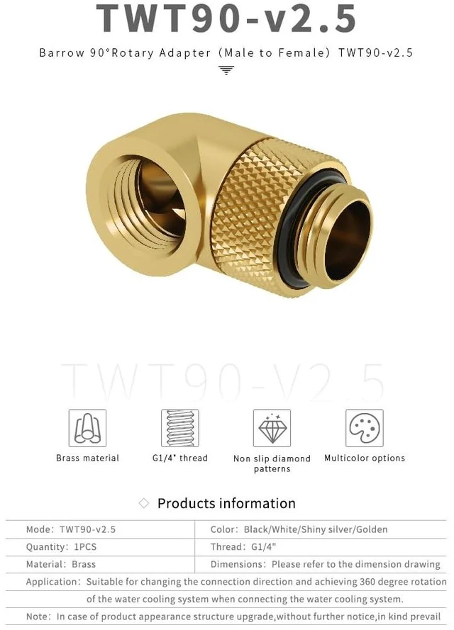 Alt view image 2 of 5 - Barrow G1/4" Male to Female Extender Fitting, 90 Degree Rotary, Gold, 4-Pack