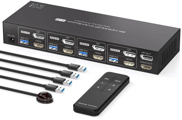 Main image of PVBCTCSID KVM Switch 4 Computers 2 Monitors HDMI and Displayport 4K120Hz 4 Port KVM Switch for 4 PCs to Share Dual Monitors and 4 USB 3.0 Peripherals Support for Copy/Extend Modes with Controller