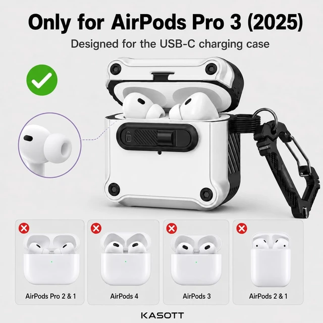 Alt view image 2 of 5 - KASOTT for AirPods Pro 3 Case (2025), MagSafe, Secure Slide Lock, Carabiner