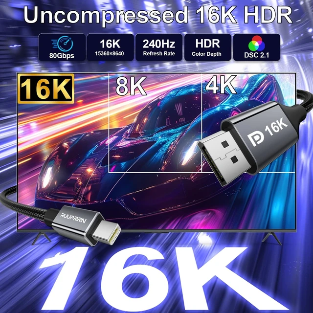 Alt view image 2 of 5 - 16K@60Hz Mini DisplayPort to DisplayPort 2.1 Cable 10FT, 80Gbps High Speed