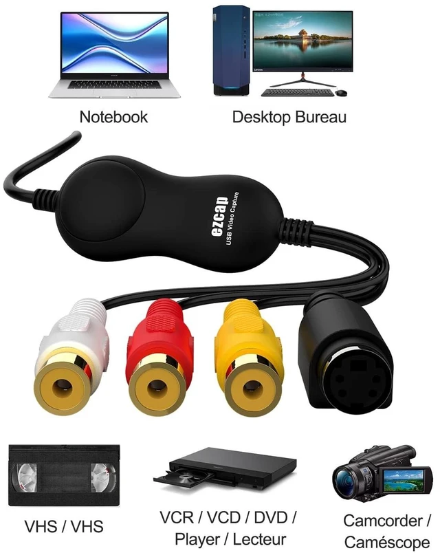 Alt view image 3 of 5 - VHS to Digital Converter, RCA to USB 2.0 Video Capture Card, Convert VHS, VCR, Hi8, Camcorder to Digital, Supports CVBS and S-Video Input, Compatible with Windows, Mac, Linux, H.264 Format