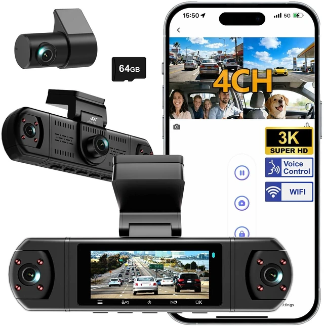 Main image of M998-3K Dash Camera for Cars,360 View 3K Front +Rear&Left & Right 1080P x3, 4 Channel Dash Cam, Voice Control,WiFi & APP Control,8 IR Lamps Night Vision,Free 64GB SD Card,G-Sensor,Parking Mode