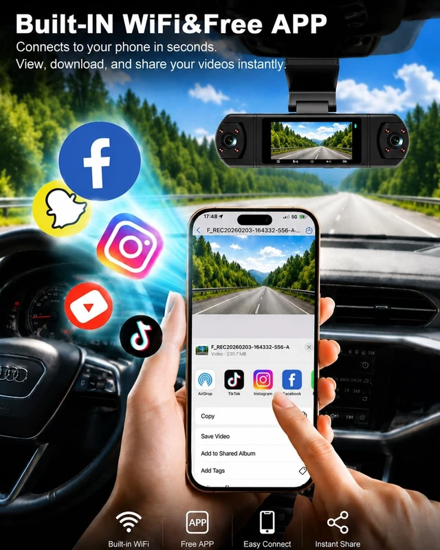 Alt view image 2 of 5 - M998-3K Dash Camera for Cars,360 View 3K Front +Rear&Left & Right 1080P x3, 4 Channel Dash Cam, Voice Control,WiFi & APP Control,8 IR Lamps Night Vision,Free 64GB SD Card,G-Sensor,Parking Mode